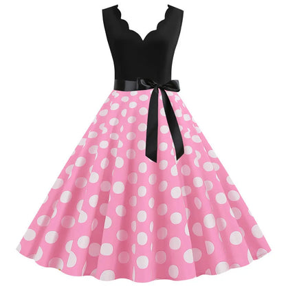 Women Retro Summer Dresses 50s 60s Sleeveless V-neck Polka Dot Bow Ball Grown Party Sundress Robe Vestidos