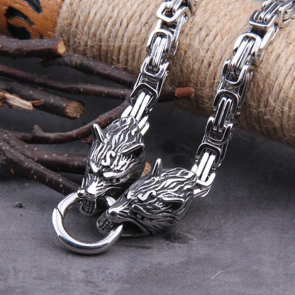Stainless Steel Viking Wolf Head Square-link Chain with Round Clasp without Pendant with wooden box as christmas gift