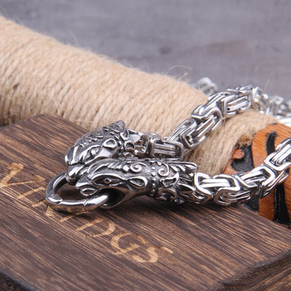 Stainless Steel Viking Wolf Head Square-link Chain with Round Clasp without Pendant with wooden box as christmas gift