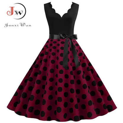 Women Retro Summer Dresses 50s 60s Sleeveless V-neck Polka Dot Bow Ball Grown Party Sundress Robe Vestidos