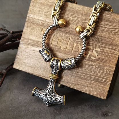 Stainless Steel king chain with rune beads and thor's hammer mjolnir viking necklace  with wooden box as boyfriend gift