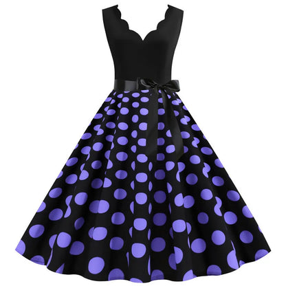 Women Retro Summer Dresses 50s 60s Sleeveless V-neck Polka Dot Bow Ball Grown Party Sundress Robe Vestidos