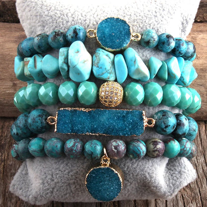 RH Fashion Boho Jewelry Natural Stone & Druzy Charm Bracelet & Bangle 5pc Bracelets Sets For Women Jewelryes Gift DropShip