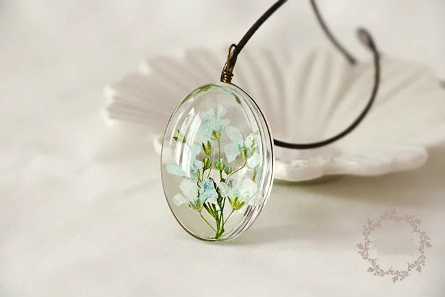 Handmade Dried Flower Necklace Red Blue Pink Flowers Pendant Leather Chain Necklaces For Women Bohemian Jewelry