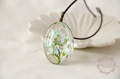 Handmade Dried Flower Necklace Red Blue Pink Flowers Pendant Leather Chain Necklaces For Women Bohemian Jewelry