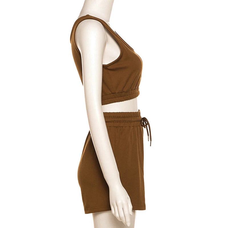 Crop Tops And Drawstring Shorts Set Sexy U-Neck Fitness Tank Top Summer Athleisure Biker Shorts Two Piece Sets Women Streetwear