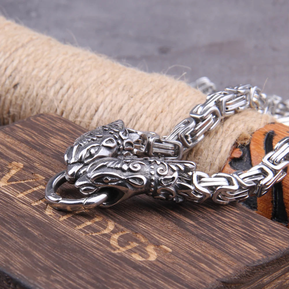 Stainless Steel Viking Wolf Head Square-link Chain with Round Clasp without Pendant with wooden box as christmas gift