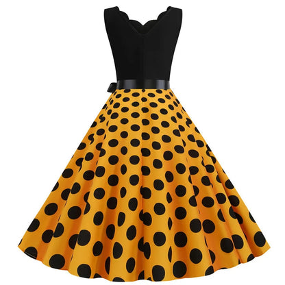Women Retro Summer Dresses 50s 60s Sleeveless V-neck Polka Dot Bow Ball Grown Party Sundress Robe Vestidos