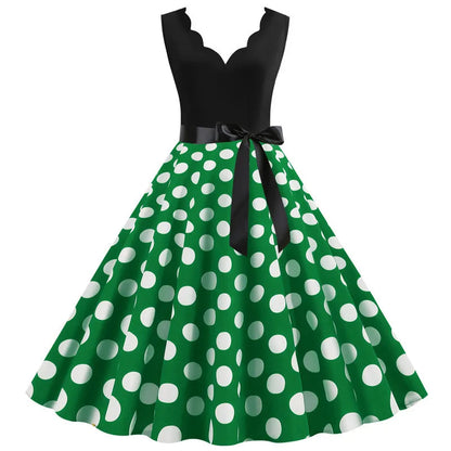 Women Retro Summer Dresses 50s 60s Sleeveless V-neck Polka Dot Bow Ball Grown Party Sundress Robe Vestidos