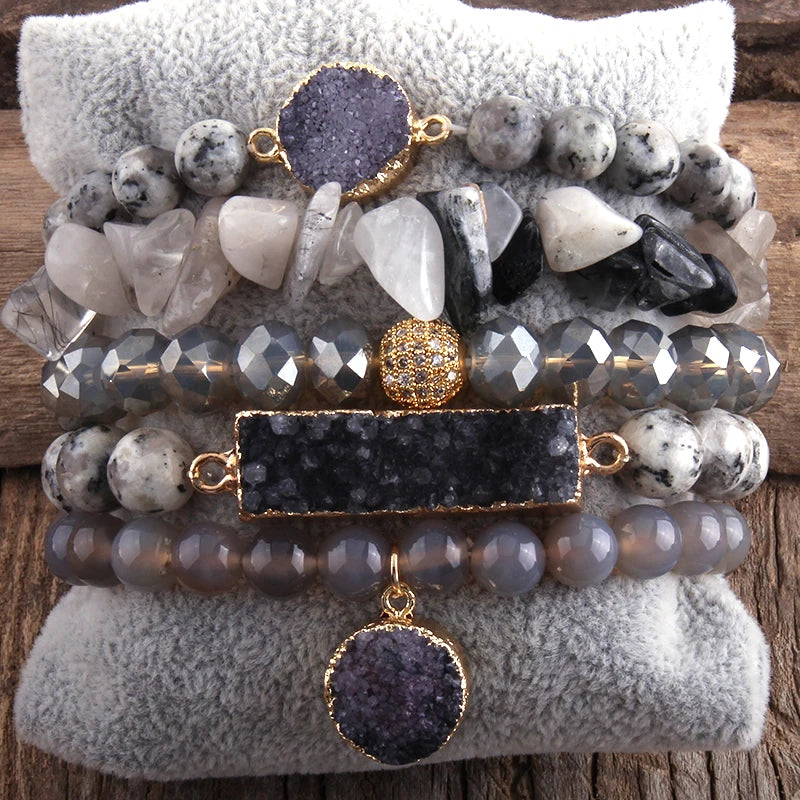 RH Fashion Boho Jewelry Natural Stone & Druzy Charm Bracelet & Bangle 5pc Bracelets Sets For Women Jewelryes Gift DropShip