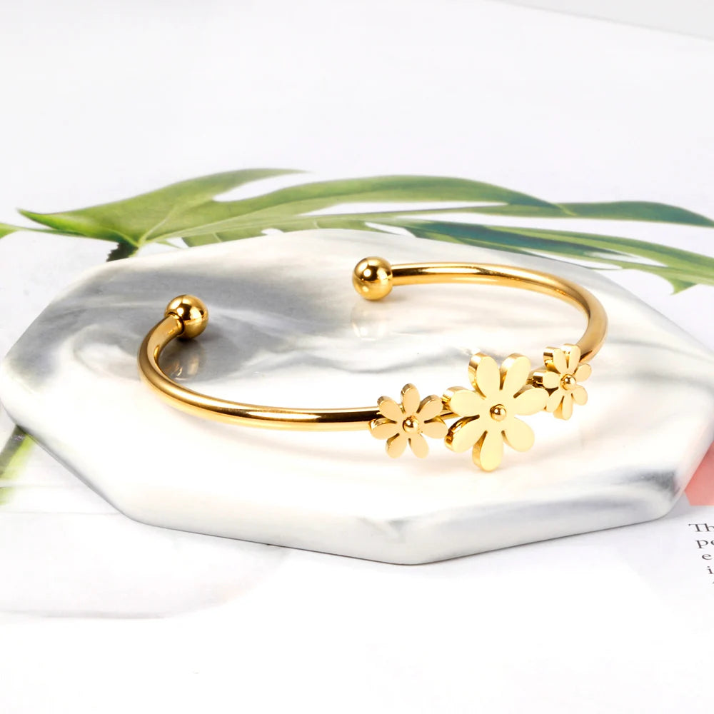 LUXUSTEEL Gold Color Flower Plant  pulseira Mujer Daily Wear Stainless Steel Steel Ball Cuff Bracelets Fashion Jewelry