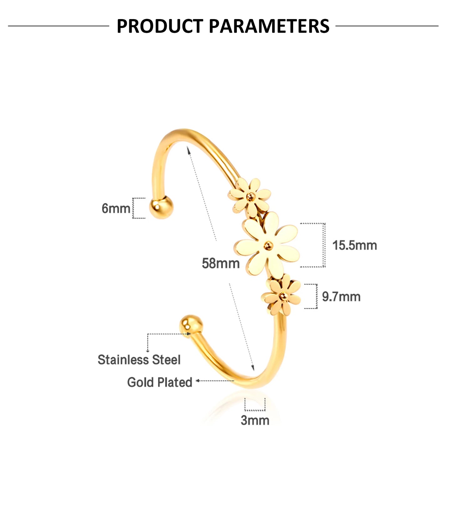 LUXUSTEEL Gold Color Flower Plant  pulseira Mujer Daily Wear Stainless Steel Steel Ball Cuff Bracelets Fashion Jewelry