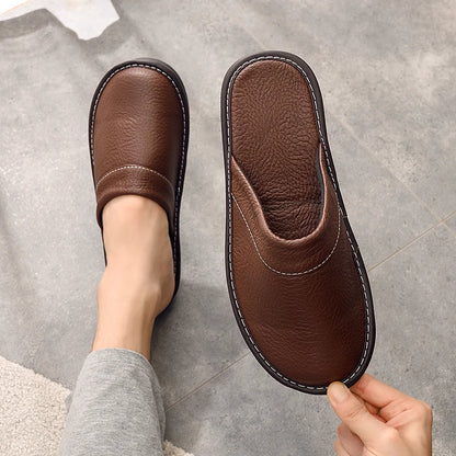Home Leather Slippers Men and Women Spring 2024 New Non-slip Waterproof Floor Shoes Anti-odor Soft Sole males Indoor Slides