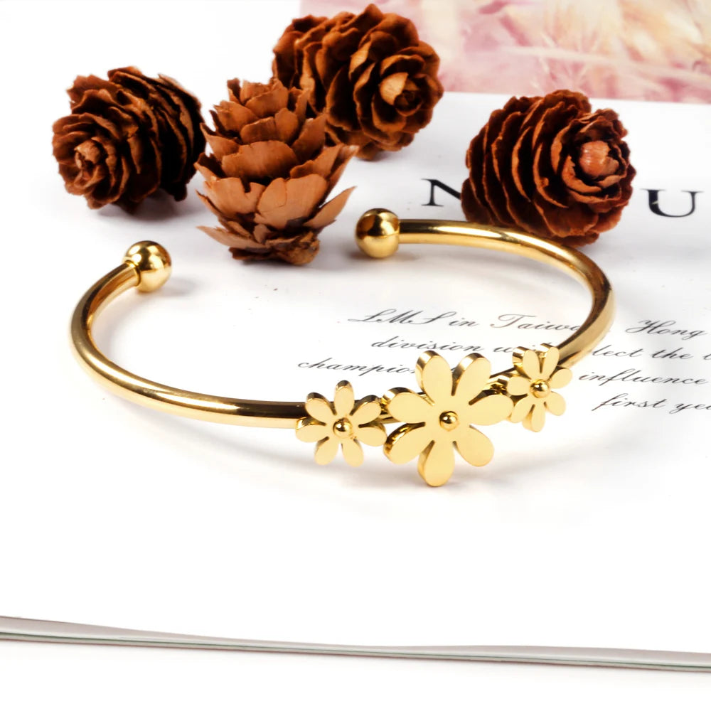 LUXUSTEEL Gold Color Flower Plant  pulseira Mujer Daily Wear Stainless Steel Steel Ball Cuff Bracelets Fashion Jewelry