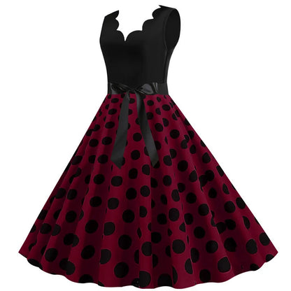 Women Retro Summer Dresses 50s 60s Sleeveless V-neck Polka Dot Bow Ball Grown Party Sundress Robe Vestidos