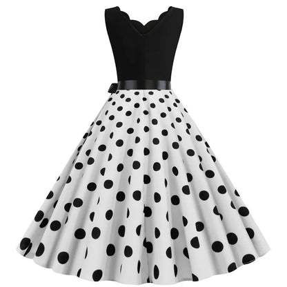 Women Retro Summer Dresses 50s 60s Sleeveless V-neck Polka Dot Bow Ball Grown Party Sundress Robe Vestidos