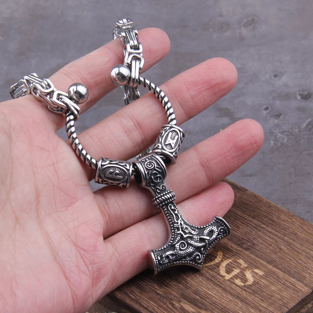 Stainless Steel king chain with rune beads and thor's hammer mjolnir viking necklace  with wooden box as boyfriend gift