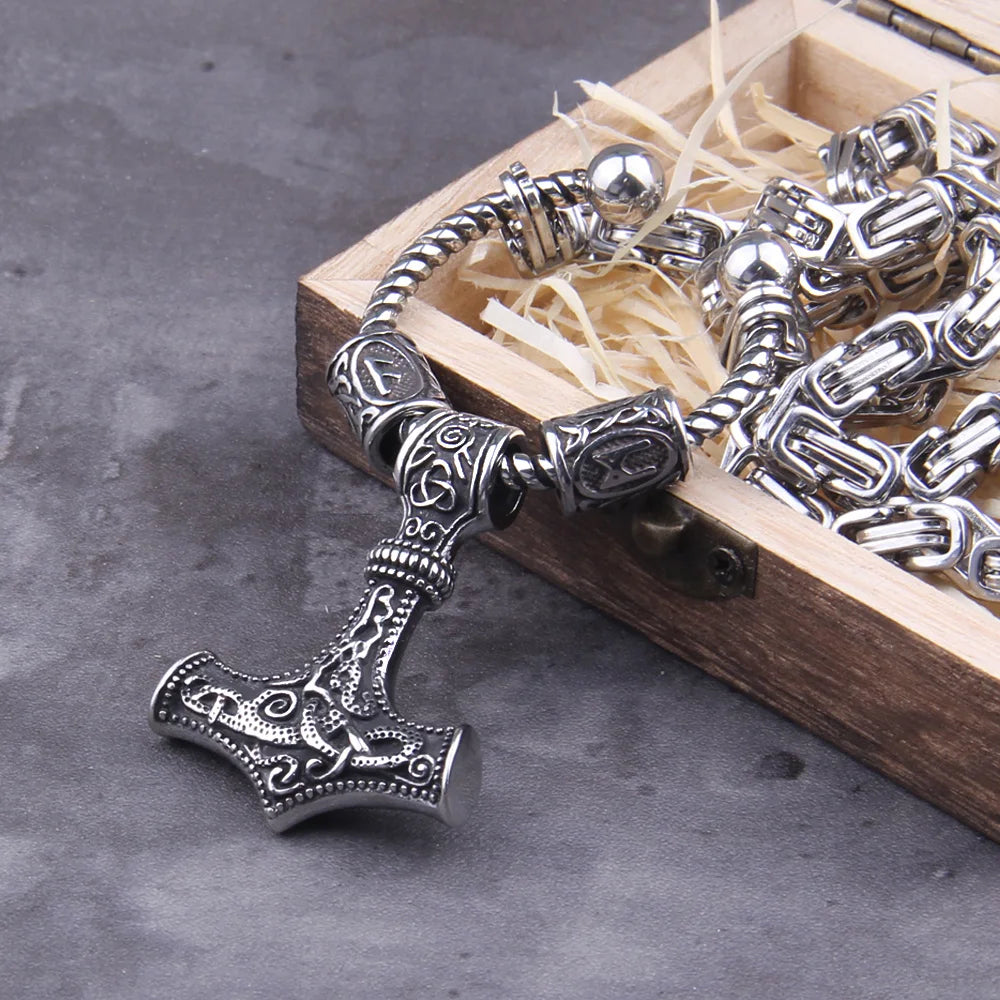 Stainless Steel king chain with rune beads and thor's hammer mjolnir viking necklace  with wooden box as boyfriend gift