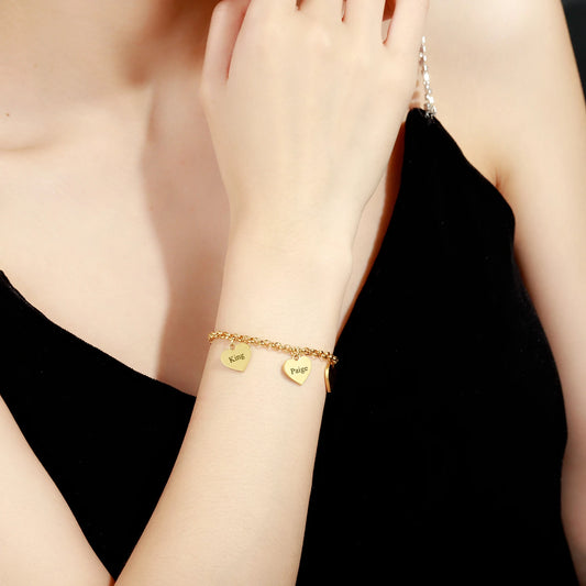 Gold Heart Charm Bracelet Engraved Pendant- Personalized Hearts Charms with Custom Christmas Jewelry Gifts for Her Mom Friend