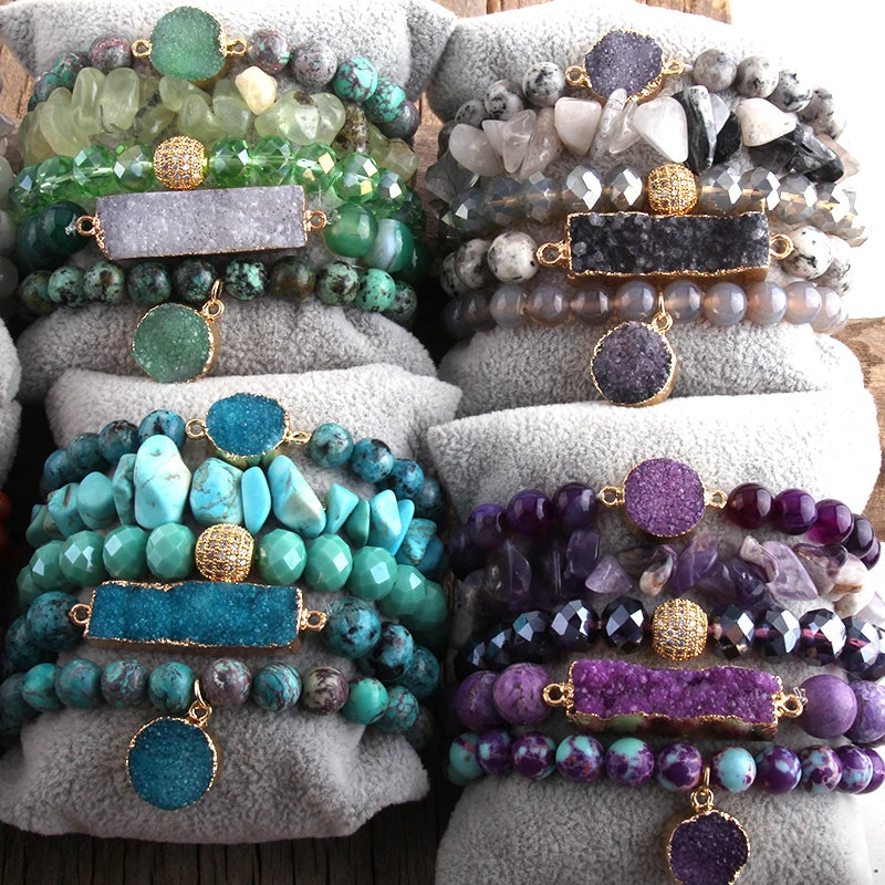 RH Fashion Boho Jewelry Natural Stone & Druzy Charm Bracelet & Bangle 5pc Bracelets Sets For Women Jewelryes Gift DropShip