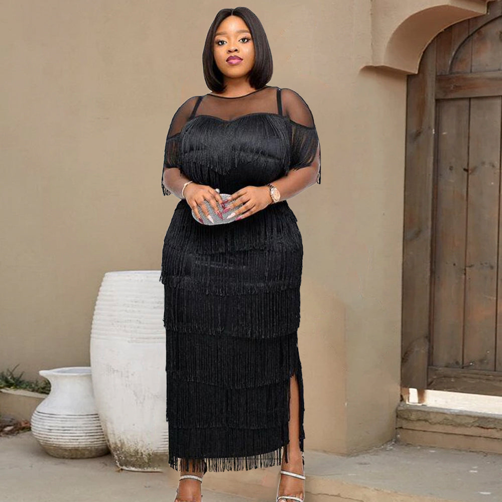 Women Black Plus Size Dress Patchwork Mesh See Through Party Celebrate Event Tight Summer Bodycon Sexy Prom Occasion Robes New