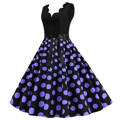 Women Retro Summer Dresses 50s 60s Sleeveless V-neck Polka Dot Bow Ball Grown Party Sundress Robe Vestidos