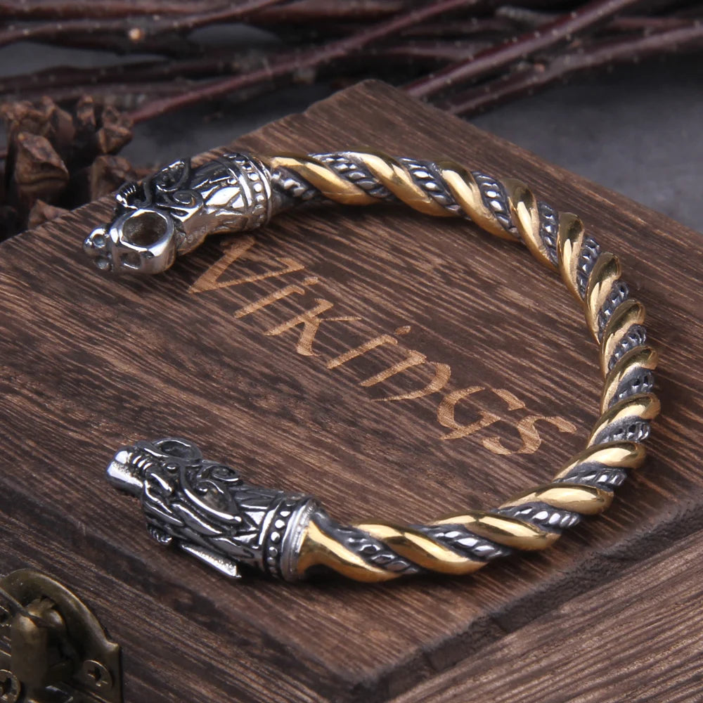 Stainless Steel Nordic Viking Norse Dragon Bracelet Men Wristband Cuff Bracelets with Viking Wooden Box