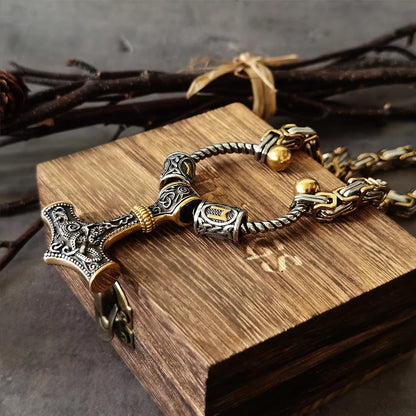 Stainless Steel king chain with rune beads and thor's hammer mjolnir viking necklace  with wooden box as boyfriend gift