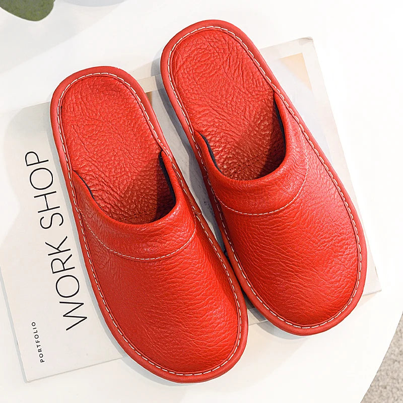 Home Leather Slippers Men and Women Spring 2024 New Non-slip Waterproof Floor Shoes Anti-odor Soft Sole males Indoor Slides
