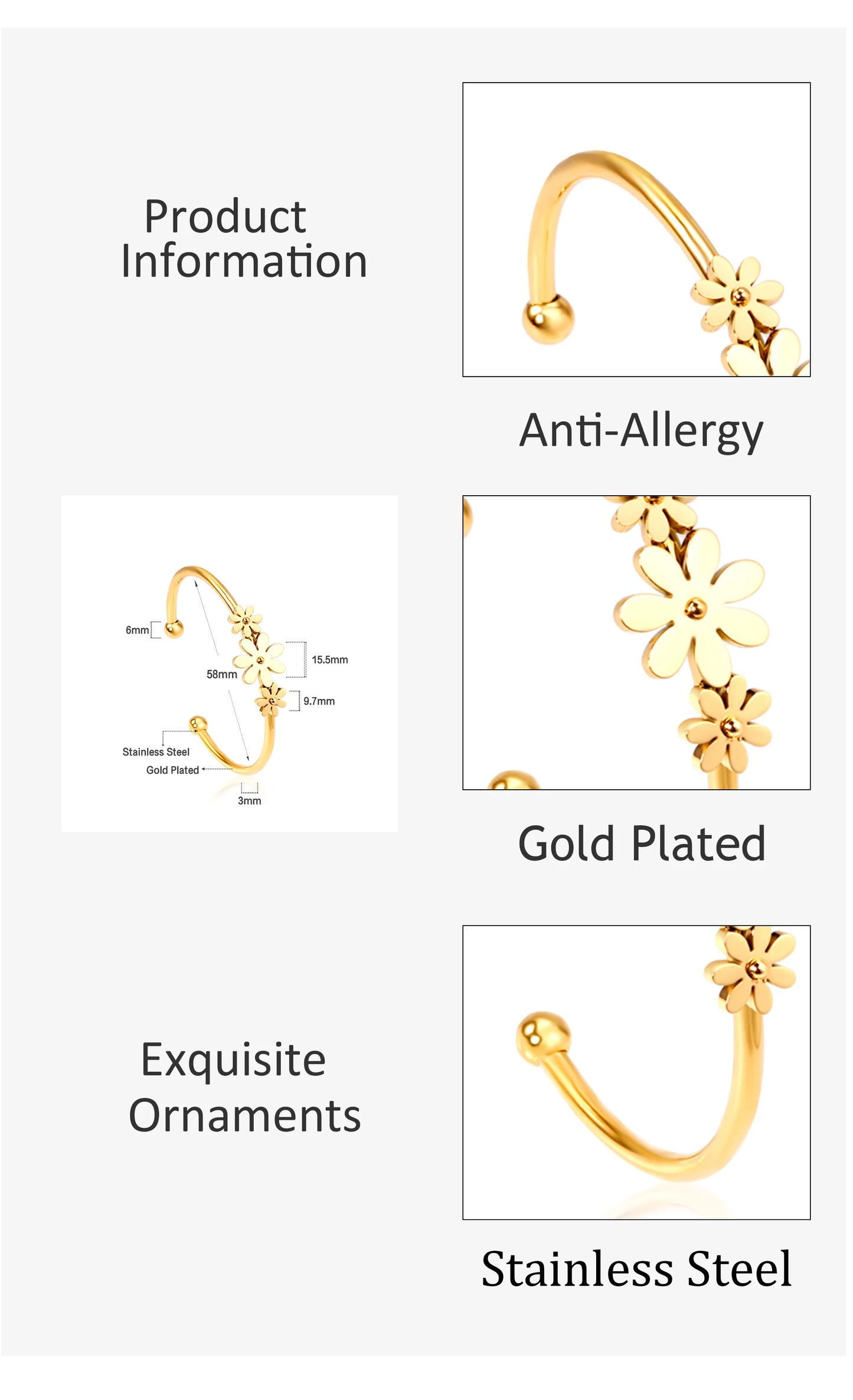 LUXUSTEEL Gold Color Flower Plant  pulseira Mujer Daily Wear Stainless Steel Steel Ball Cuff Bracelets Fashion Jewelry