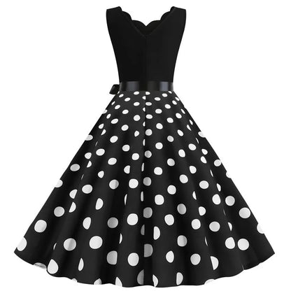 Women Retro Summer Dresses 50s 60s Sleeveless V-neck Polka Dot Bow Ball Grown Party Sundress Robe Vestidos