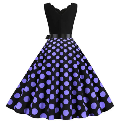Women Retro Summer Dresses 50s 60s Sleeveless V-neck Polka Dot Bow Ball Grown Party Sundress Robe Vestidos