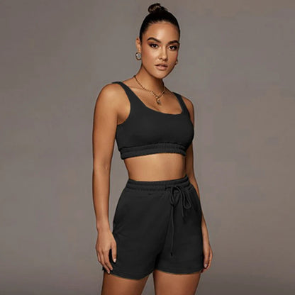 Crop Tops And Drawstring Shorts Set Sexy U-Neck Fitness Tank Top Summer Athleisure Biker Shorts Two Piece Sets Women Streetwear