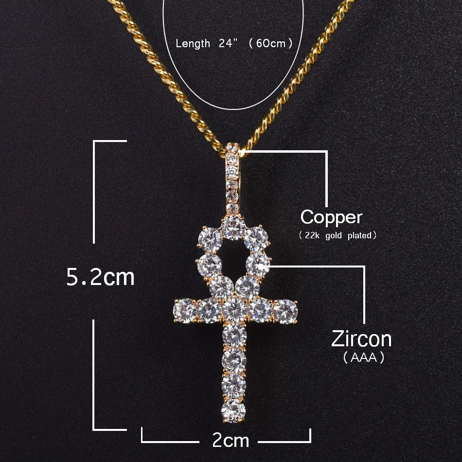 Bubble Letter Ankh Cross Necklace for Men Iced Pendant Gold Color Hip Hop Jewelry Prong Setting Cubic Zirconia