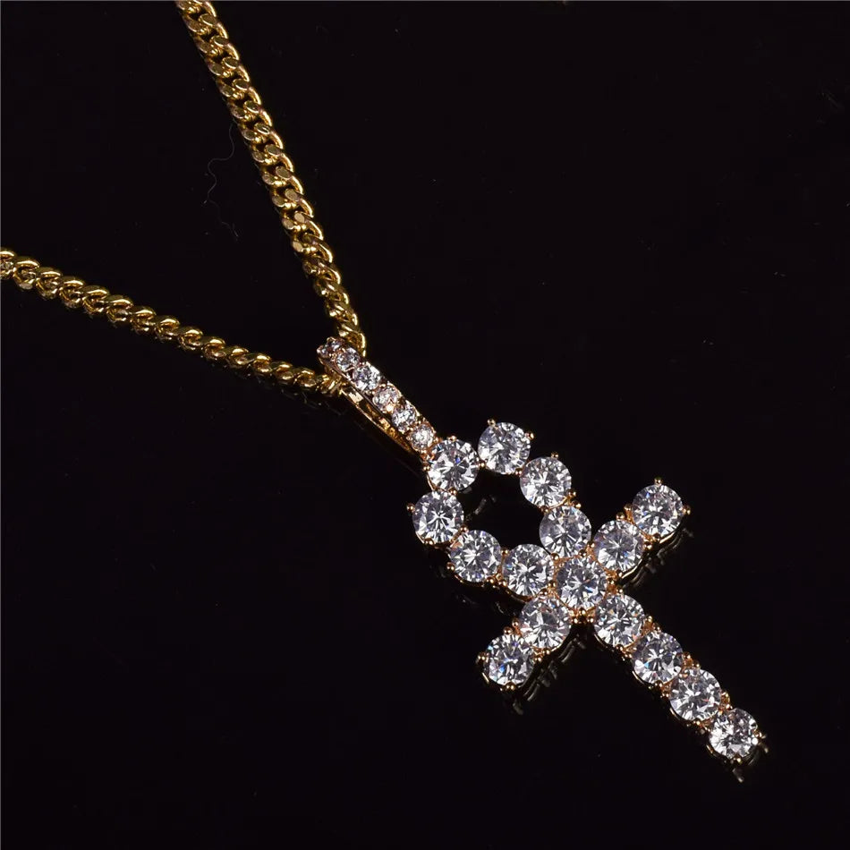 Bubble Letter Ankh Cross Necklace for Men Iced Pendant Gold Color Hip Hop Jewelry Prong Setting Cubic Zirconia