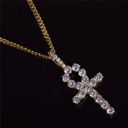 Bubble Letter Ankh Cross Necklace for Men Iced Pendant Gold Color Hip Hop Jewelry Prong Setting Cubic Zirconia