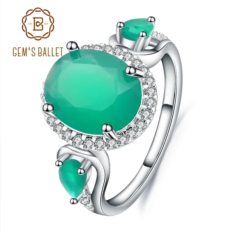 Gem's Ballet 3.73Ct Natural Green Agate Gemstone Ring Solid 925 Sterling Silver For Women Vintage Onyx Rings Fine Jewelry