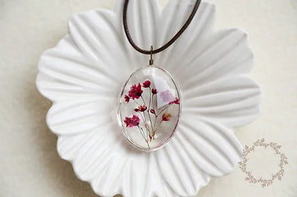 Handmade Dried Flower Necklace Red Blue Pink Flowers Pendant Leather Chain Necklaces For Women Bohemian Jewelry