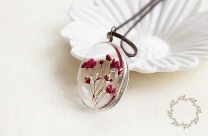 Handmade Dried Flower Necklace Red Blue Pink Flowers Pendant Leather Chain Necklaces For Women Bohemian Jewelry
