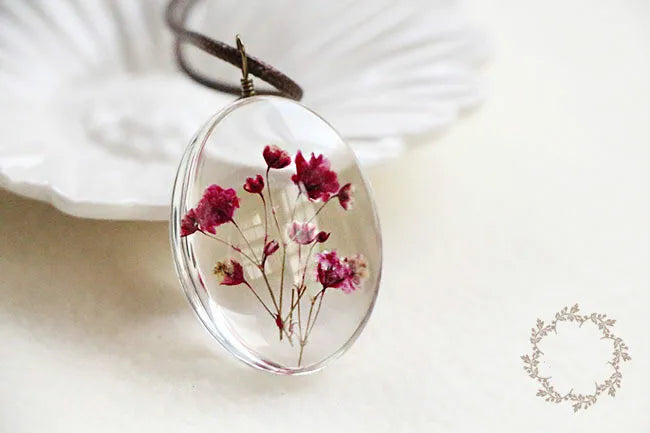 Handmade Dried Flower Necklace Red Blue Pink Flowers Pendant Leather Chain Necklaces For Women Bohemian Jewelry