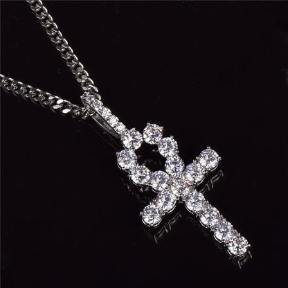 Bubble Letter Ankh Cross Necklace for Men Iced Pendant Gold Color Hip Hop Jewelry Prong Setting Cubic Zirconia