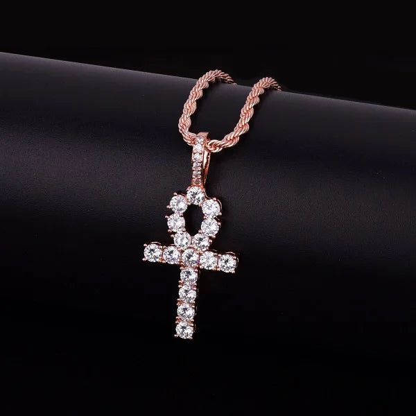 Bubble Letter Ankh Cross Necklace for Men Iced Pendant Gold Color Hip Hop Jewelry Prong Setting Cubic Zirconia