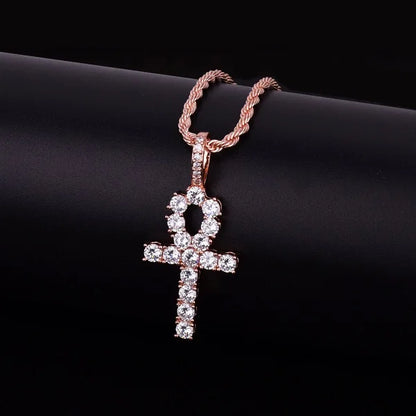 Bubble Letter Ankh Cross Necklace for Men Iced Pendant Gold Color Hip Hop Jewelry Prong Setting Cubic Zirconia
