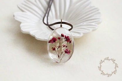 Handmade Dried Flower Necklace Red Blue Pink Flowers Pendant Leather Chain Necklaces For Women Bohemian Jewelry