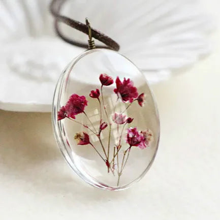 Handmade Dried Flower Necklace Red Blue Pink Flowers Pendant Leather Chain Necklaces For Women Bohemian Jewelry