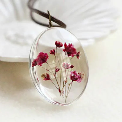 Handmade Dried Flower Necklace Red Blue Pink Flowers Pendant Leather Chain Necklaces For Women Bohemian Jewelry