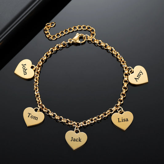 Gold Heart Charm Bracelet Engraved Pendant- Personalized Hearts Charms with Custom Christmas Jewelry Gifts for Her Mom Friend