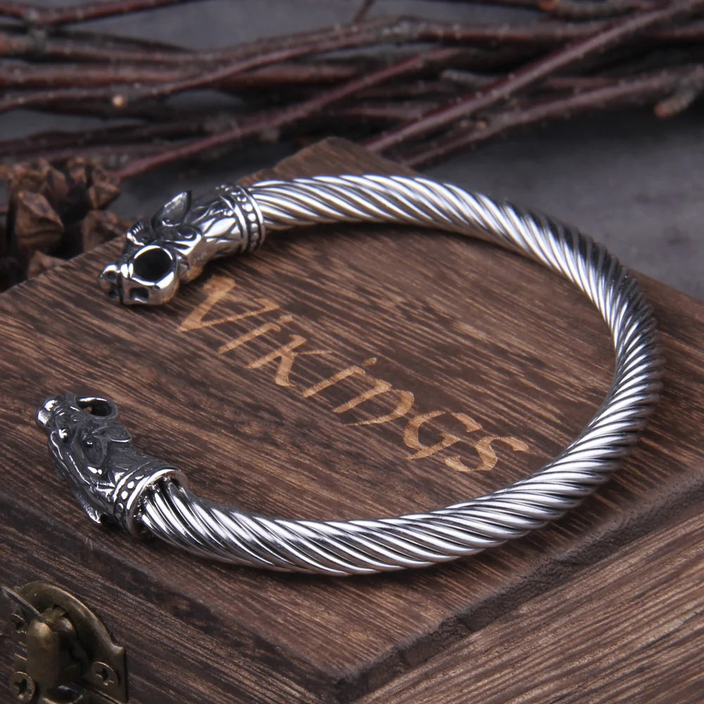 Stainless Steel Nordic Viking Norse Dragon Bracelet Men Wristband Cuff Bracelets with Viking Wooden Box