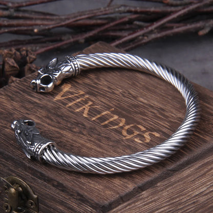 Stainless Steel Nordic Viking Norse Dragon Bracelet Men Wristband Cuff Bracelets with Viking Wooden Box