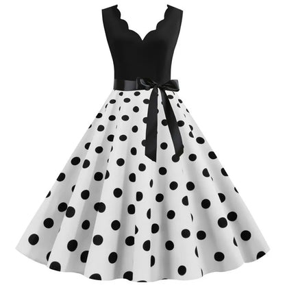 Women Retro Summer Dresses 50s 60s Sleeveless V-neck Polka Dot Bow Ball Grown Party Sundress Robe Vestidos